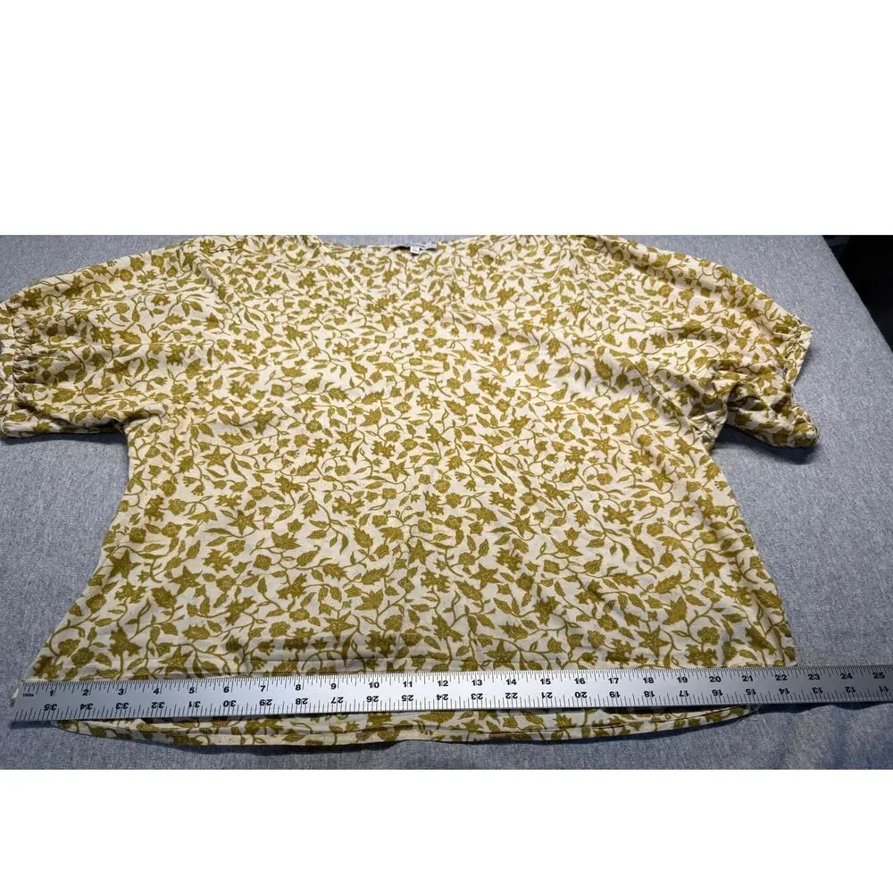 Madewell V Neck Batik Vine Mustard Tan Cotton Boho Prairie Puff Sleeve Size XL